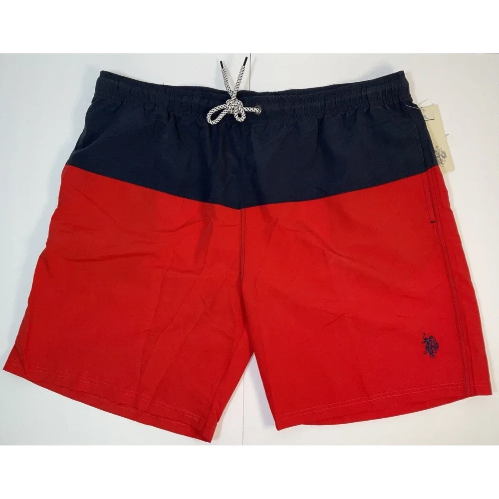 NWT Men's U.S. Polo Assn. Navy & Red Fully Lined Swim Trunks Shorts - XXL